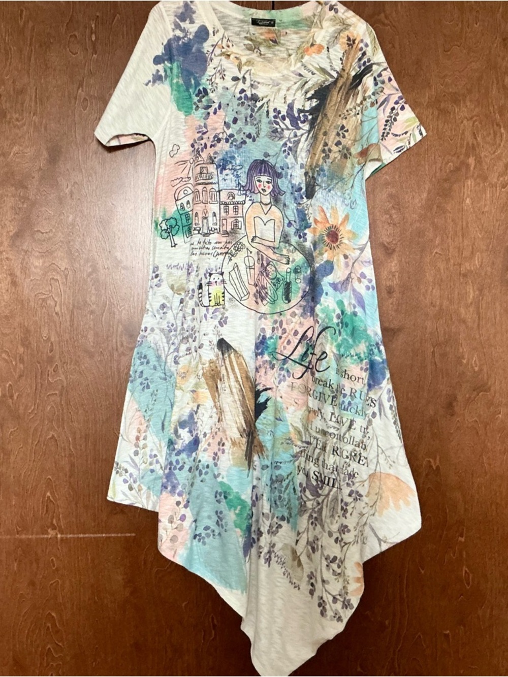 Inoah Midi T-shirt Dress Colorful Graphic Design Asymmetrical Art To Wear Size M